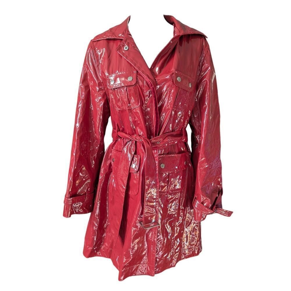 Vintage 90s Y2K Cherry Red PVC Trench Coat Statement Piece Size Medium